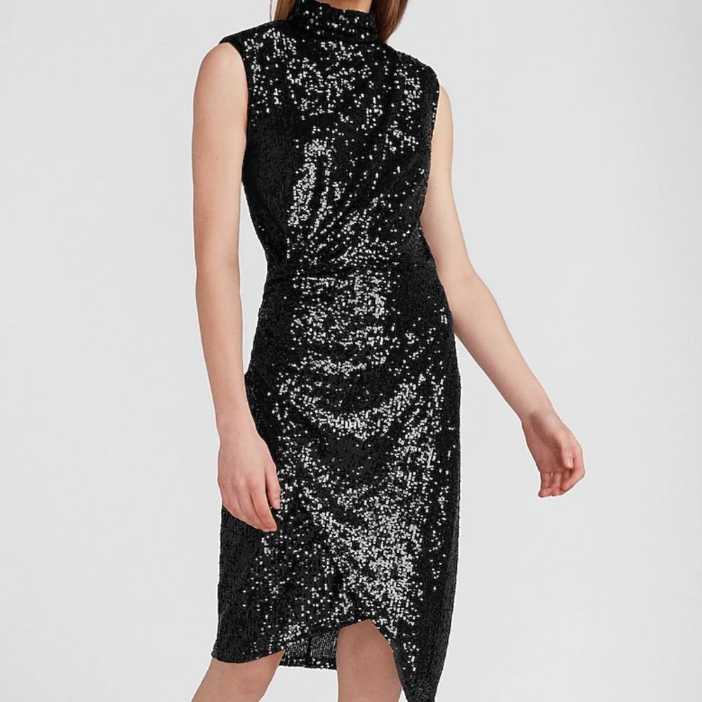 EXPRESS Black Sequin Asymmetrical Mock Neck Dress
